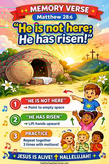 Matthew 28:6 memory verse with empty tomb and kids motions