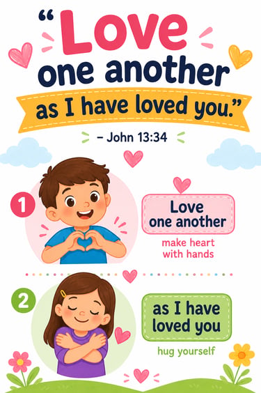 Kids Bible verse poster for John 13:34 with hand motions.