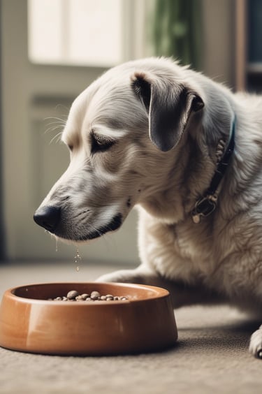 Senior dog refusing prescription food and drooling, a common sign of nausea.