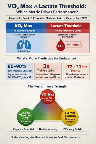 Infographic comparing VO₂ max and lactate threshold, showing VO₂ max as aerobic capacity (mL/kg/min)