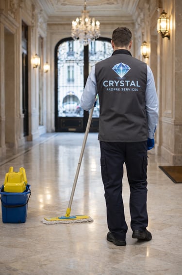 personne nettoyant un hall d'immeuble