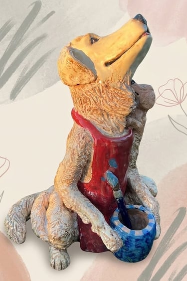 Hand-sculpted ceramic Golden Retriever artist sculpture in warm honey glazes.