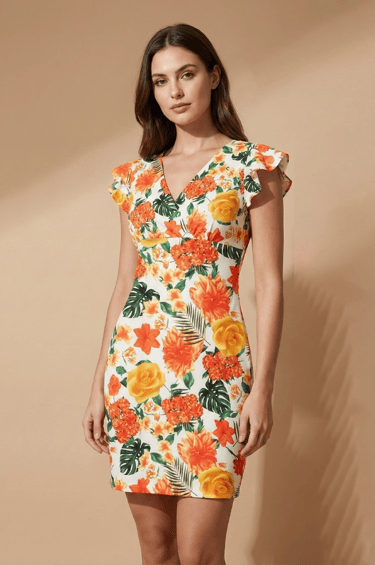 a woman in a floral dress standing in front of a wall