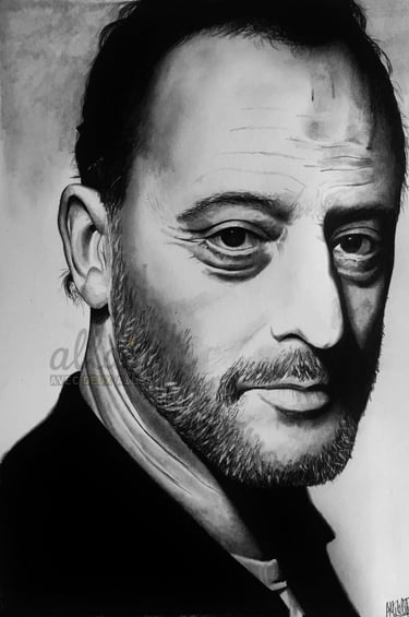 Portrait dessiné en noir et blanc de Jean Reno