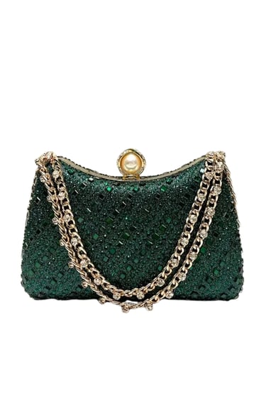 Luxurious Green Rhinestone Evening Clutch with Detachable Chain Strap