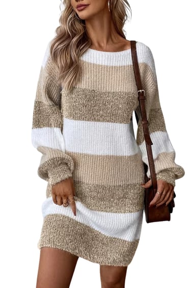 Women’s Elegant Striped Tunic Sweater Dress – Dark Khaki & White