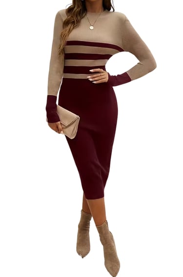 Women’s Elegant Striped Sweater Dress – Deep Red & Beige