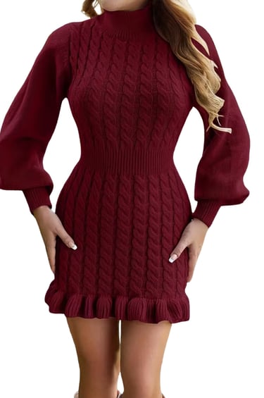 Women’s High Neck A-Line Sweater Dress with Fringe Hem – Red