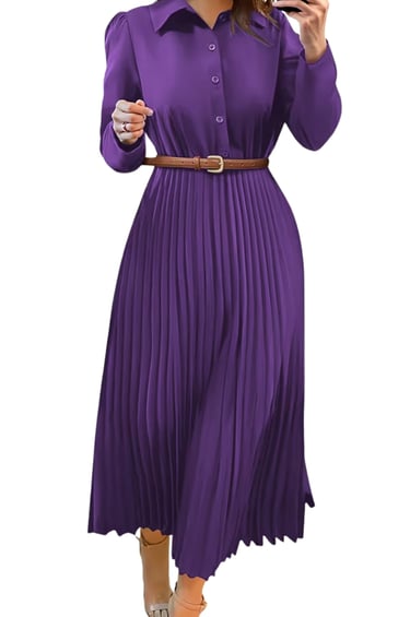Purple Women's Elegant A-Line Midi Dress with Pleated Detail & Adjustable Waist Belt 