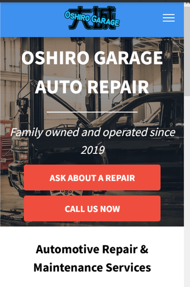 a mobile phone screen showing oshirogarage.com
