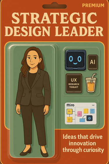 A toy action figurine package with UX accessories with the title "Strategic Design Leader".