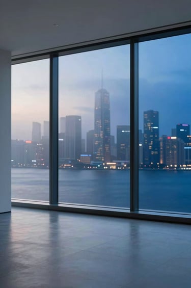 A high-end studio interior at night, with a minimalist aesthetic. Large floor-to-ceiling windows show a blurred city skyline in mist white and deep sea blue. The scene projects global reliability and established professionalism.