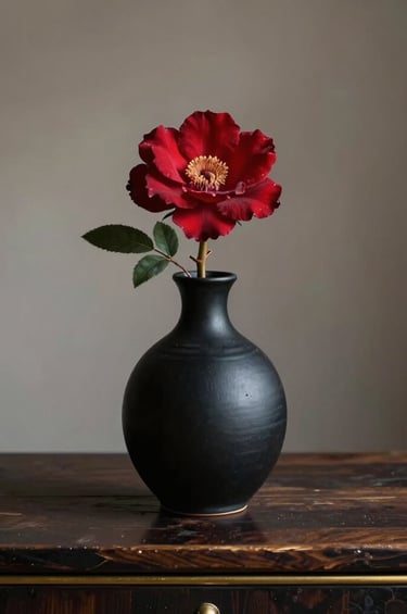 Minimalist photography of a single desert rose flower in a sleek black ceramic vase, resting on a dark wood surface with gold accents. North African / Moroccan atmosphere, elegant lighting.