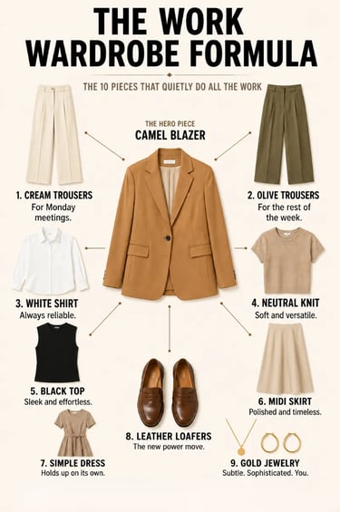 business casual work outfits women, the work wardrobe formula with camel blazer and 20 outfit combos