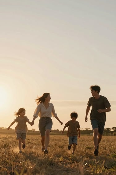 A wide, cinematic shot of a young family running through a field during sunset. The lighting is sun-drenched and hazy, with silhouettes against a soft sand sky. The mood is joyful and storytelling-focused, with authentic interactions.
