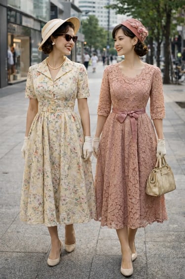 Modelos asiáticas usando roupas vintage autênticas, moda vintage, estilo vintage