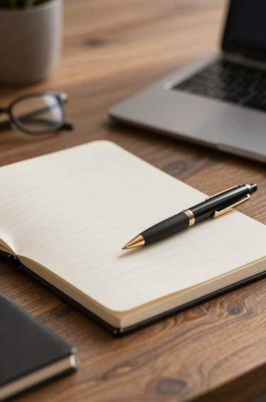 Cinematic portrait of a modern workspace with a focus on an open notebook and a professional pen. Spontaneous arrangement with a high-end, accessible vibe. Lighting is warm and directed, utilizing the brand colors #3A3F3B and #F8F6F2 in the materials. Sophisticated and creative mood.