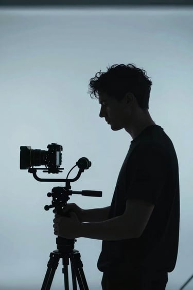 A minimalist, artistic silhouette of filmmaker Théo Wacyk operating a gimbal against a soft, hazy #ECF0F1 background in a modern Bordeaux studio. The composition is balanced and professional, utilizing #0A0A0A for the silhouette and #2C3E50 for the deep shadows, reflecting a premium storytelling mood.