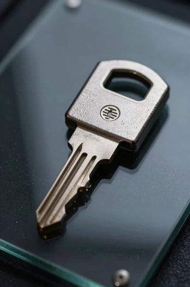 Macro photography of a physical hardware security key resting on a dark, reflective glass surface. The scene is lit with a single cool frost white light source, creating sharp details and deep charcoal shadows to emphasize security and reliability.