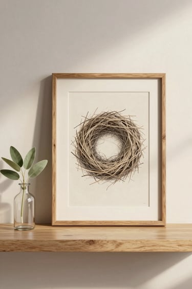 A lifestyle photograph of a refined studio space. A framed artisanal drawing of a delicate nest is displayed on a light wooden shelf next to a small glass vase with a sprig of sage green leaves. Warm, soft lighting and a creamy white wall background.