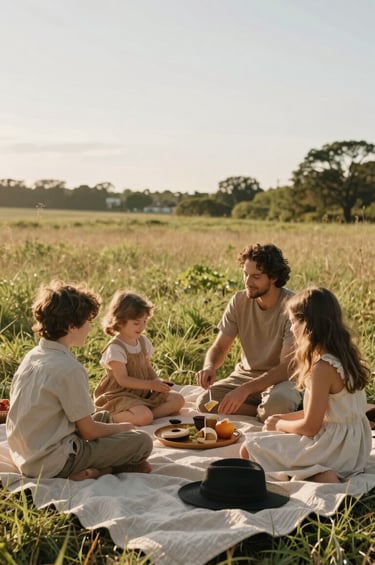 A wide-angle lifestyle photograph of a family picnic in a sun-drenched meadow during late afternoon. The scene is filled with authentic interactions and natural light, featuring warm beige textiles and charcoal accents in the accessories.
