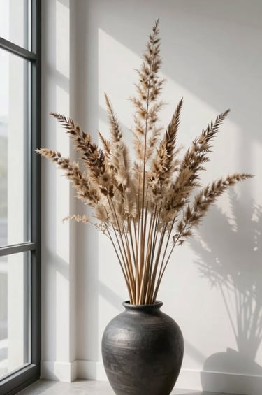 A sophisticated, vertical composition featuring a single tall, dried floral arrangement in a charcoal ceramic vase against a crisp white wall. Soft, directional light from a large North American window creates gentle shadows, embodying a minimalist and luxe professional photography aesthetic.