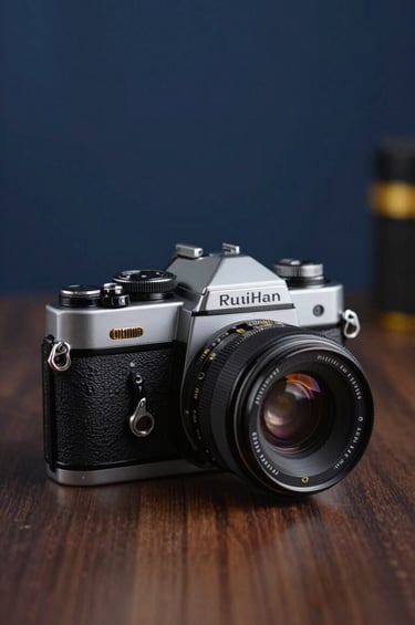A high-quality lifestyle shot representing Ruihan's hobby, featuring a vintage 35mm camera on a polished dark wood surface. Subtle blue background lighting (#0A1128) and gold metallic accents (#E2B941) on the equipment create a luxurious, focused mood.