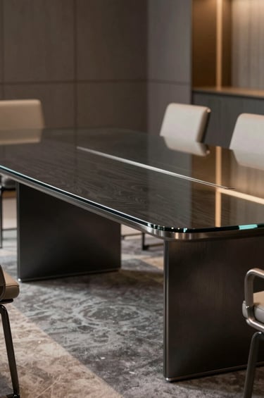 A professional wide shot of a luxury boardroom table featuring a dark charcoal steel base and a thick glass top, reflecting an interior with muted bronze accents. The photography is sharp and technical, emphasizing high-end craftsmanship.