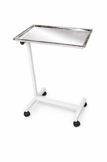 Adjustable stainless steel Mayo stand with white rolling base for medical and surgical equipment.