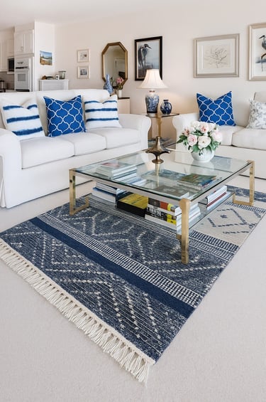 Blue geometric flatweave rug with fringes - Handmade by Vezari Living ( DESIGN SH - 2371)