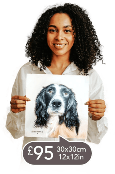a woman holding a oil painting of a dogs portrait size 30cm x 30cm only £95