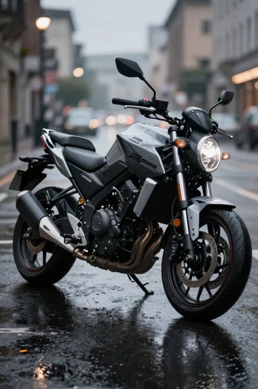 An edgy lifestyle photograph of a parked motorcycle on a rain-slicked street in a Global / Western city at dusk. The wet pavement reflects Charcoal Grey and Silver Grey tones, with Soft Off-White highlights from distant street lamps, emphasizing a sophisticated narrative style.