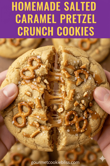 Hands breaking open a warm, gooey blonde Salted Caramel Pretzel Crunch cookie, revealing its rich ca