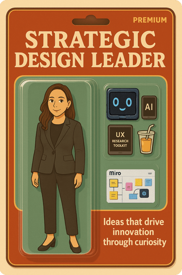 A toy action figurine package with UX accessories with the title "Strategic Design Leader".