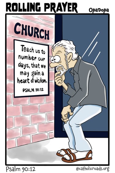 Cartoon of old man learning an important message about wisdom outside the church.