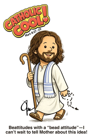 Cartoon of Jesus walking with his rosary needs.