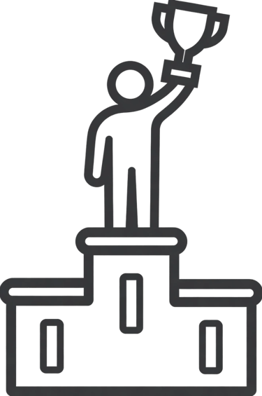 A black and white line icon of a person standing on a winner's podium holding a trophy cup for success.