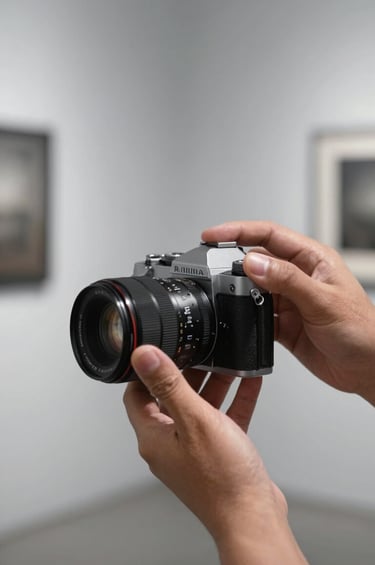 Close-up of a professional photographer's hands in a North American setting, holding a vintage camera body while performing a sensor cleaning. The background is a minimalist photography gallery with soft light gray walls and charcoal frames, creating an atmosphere of expertise and trust.