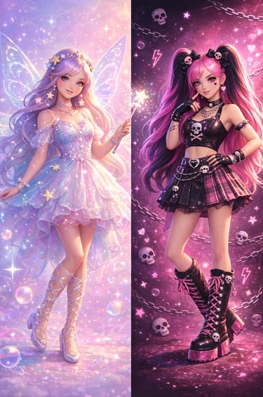 Split screen showing a pastel fairy princess and a dark goth anime girl with skulls.