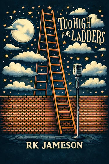 Too High for Ladders book cover by RK Jameson featuring a ladder reaching toward a moon and stars.