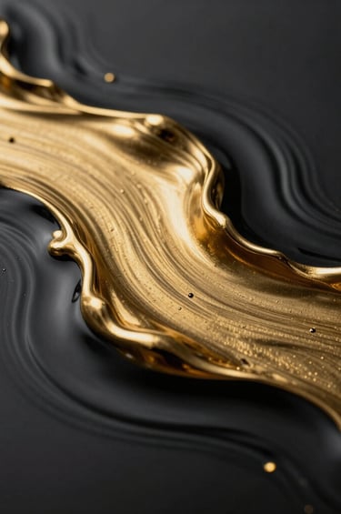 An abstract, artistic photograph featuring ripples of metallic gold paint flowing through a dark, viscous black liquid. The lighting creates sharp, brilliant reflections on the gold, conveying a sense of luxury and fluid multidisciplinary creativity. Clean, minimalist aesthetic.
