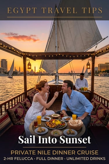 A couple enjoys a private sunset feluca dinner cruise on the Nile River in Egypt with traditional food.