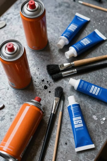 A top-down detailed shot of artist tools in a International / Urban Art Scene workshop: safety orange spray cans, charcoal brushes, and vibrant blue paint tubes scattered on a textured metal table.