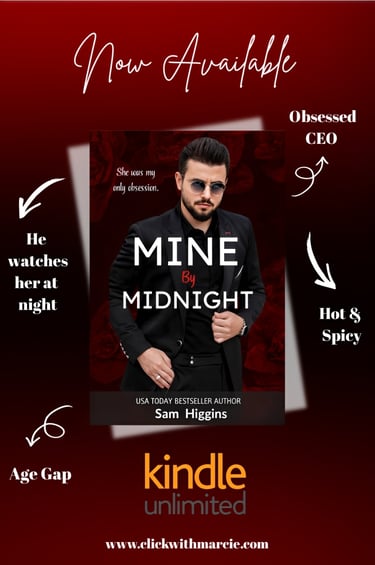  Romance book promo Pinterest pin for Mine by Midnight with trope callouts designed by Click With Ma