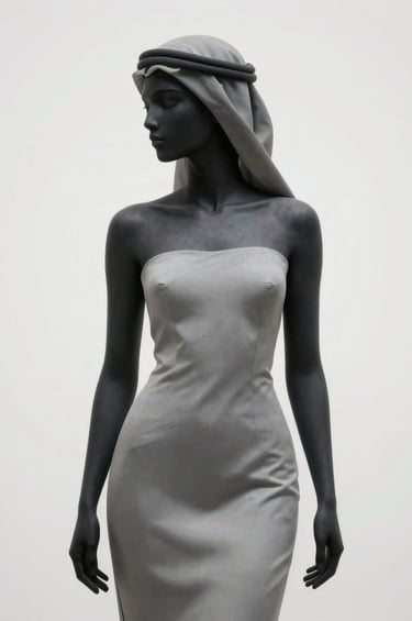 Detailed photography of a contemporary art piece featuring a minimalist female figure silhouette. The palette is strictly grayscale, with light grey and black tones on a clean white background, reflecting a sophisticated Middle Eastern aesthetic.