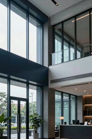 An architectural interior photograph of a sleek, modern lobby in a Southeast Asian / Indonesian business center. Large glass windows allow soft natural light to fall on clean lines and professional decor. The atmosphere is sophisticated and informative. Colors: dark navy blue, slate blue, and pale mist.