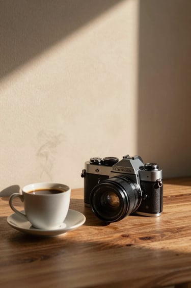A warm, atmospheric shot of a photographer's workspace in a North American / US studio. A vintage camera sits on an earthy brown wooden surface next to a steaming cup of coffee, with soft sand colored walls catching the morning sunlight.