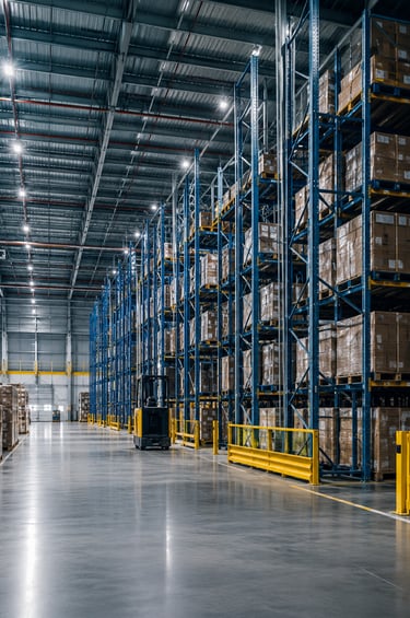 Modernus logistikos sandėlis su aukštomis lentynomis ir krovinių sandėliavimo zona