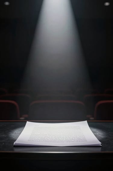 A vertical, narrow-framed cinematic shot of a theater spotlight cutting through a dark room. The light hits a script on a table, highlighting the texture of the paper in #F5F5F5 against the #0F0F0F environment. The image serves as a minimalist artistic detail for a film industry portfolio.