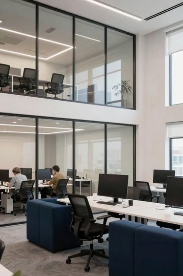 A wide shot of a modern, open-plan North American / US creative agency workspace. The atmosphere is bright and inspiring, with clean architectural lines and a glass wall. The interior design incorporates Dark Navy Blue furniture and Pale Mist White walls, reflecting a professional instructional design environment.